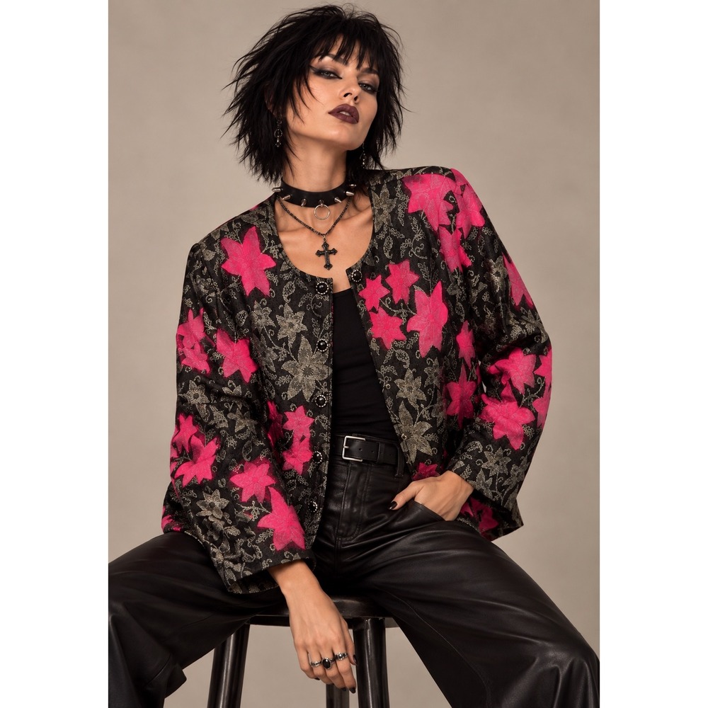 Ulla Popken Floral Jacquard Jacket 16 18 Black Gray Raspberry